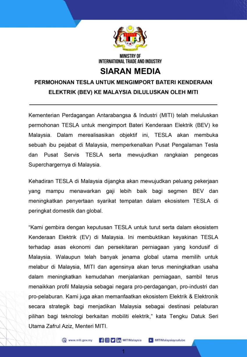 Tesla bakal buka pusat jualan, servis dan rangkaian pengecas supercharger di M’sia – Tengku Zafrul 1582616