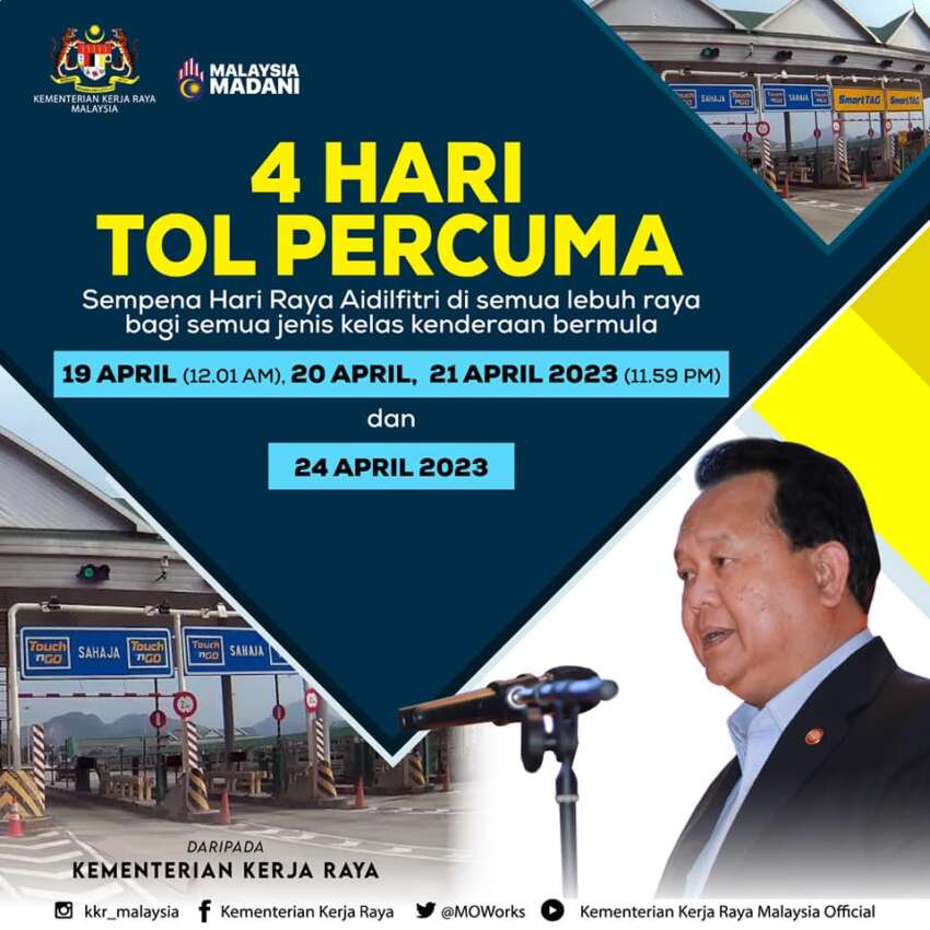 Free toll for Hari Raya 2023 from April 19-21, April 24 1604656