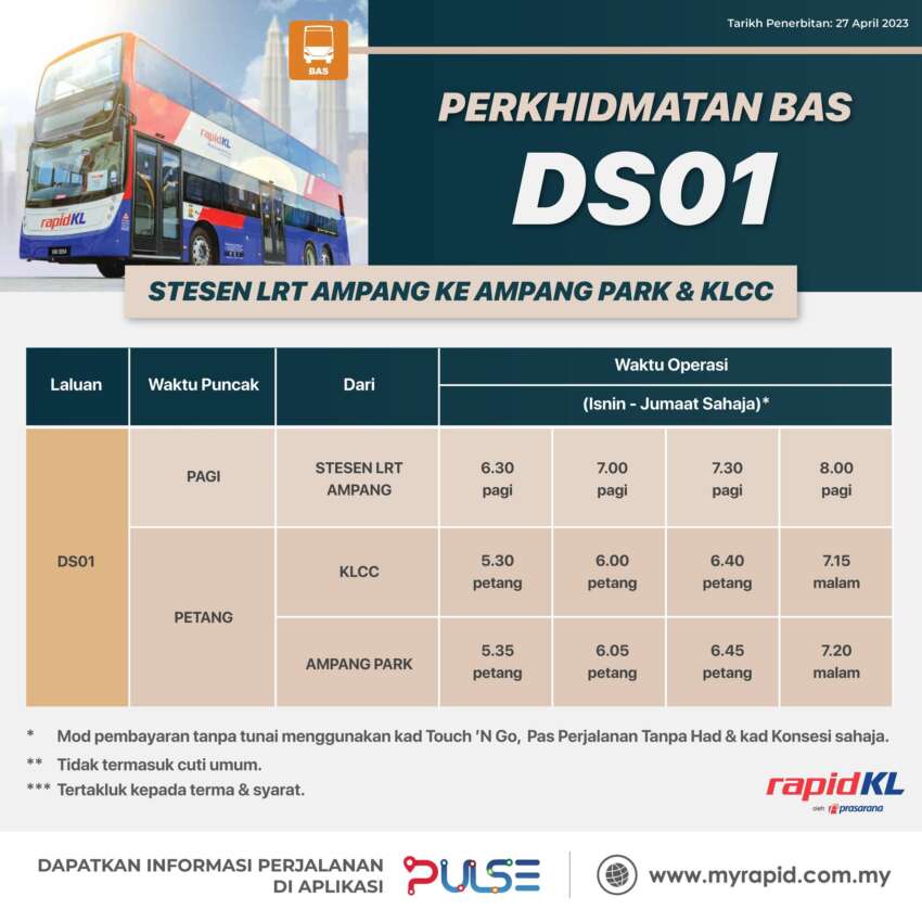 Rapid KL Skip Stop Xpress shuttle bus from LRT Ampang to KLCC made permanent – DS01, RM1.10 1607148
