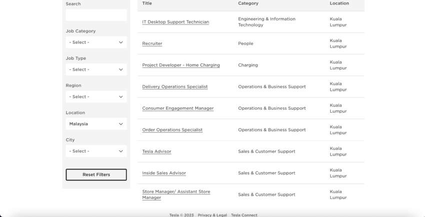Tesla job listings sighted for Kuala Lumpur, Malaysia positions – customer support, operations, charging, IT 1600737