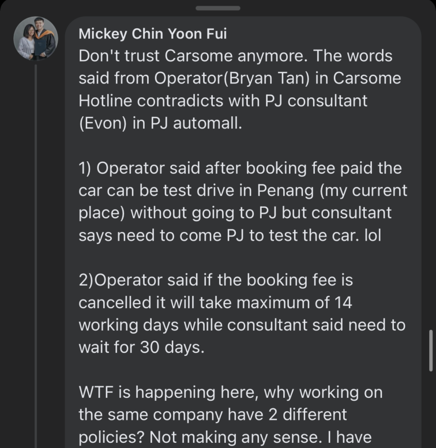 Customers on social media frustrated by Carsome slow refunds after end-Q3 2022’s layoffs? 1611608