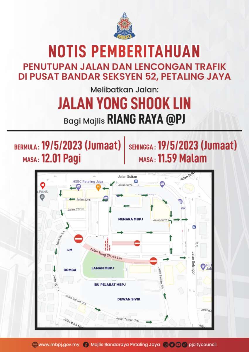 PJ State’s Jalan Yong Shook Lin closed tomorrow for MBPJ Riang Raya open house, midnight onwards 1615402