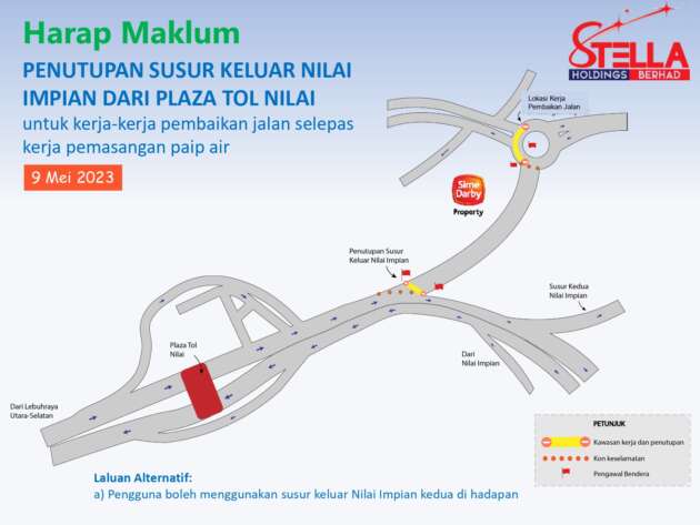 Susur keluar Nilai Impian di KM1.3 dari Lebuhraya PLUS ditutup sementara 9 Mei untuk kerja baiki jalan