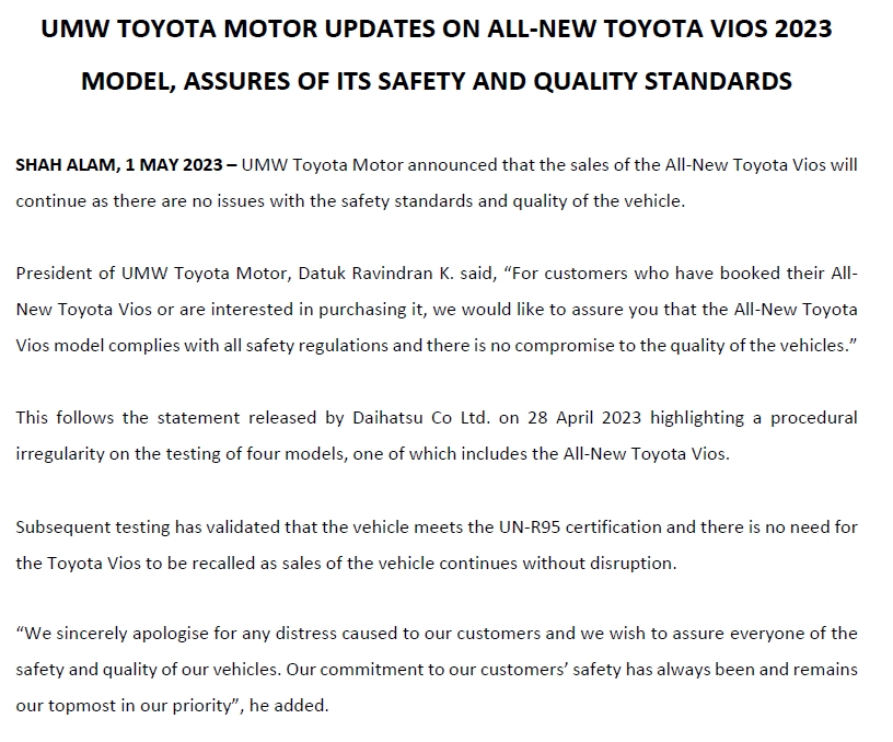 2023 Toyota Vios sales to continue despite Daihatsu crash test issue – UMWT says no need for halt or recall 1607327
