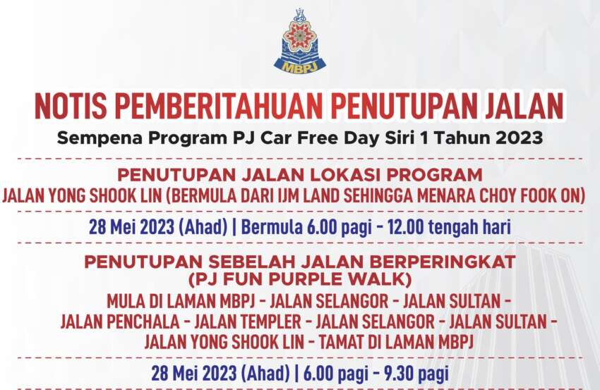 Hari Bebas Kenderaan PJ pada Ahad ini, 28 Mei – beberapa jalan bakal ditutup secara berperingkat 1618486