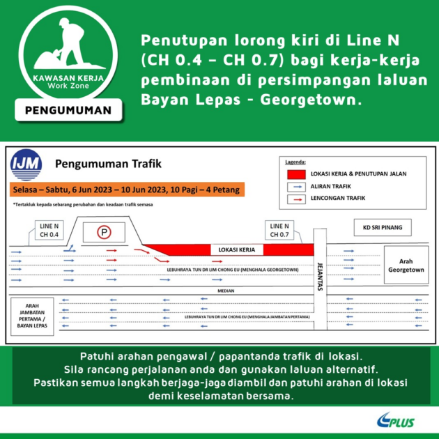 PLUS announces 2 lane closures in Penang next week