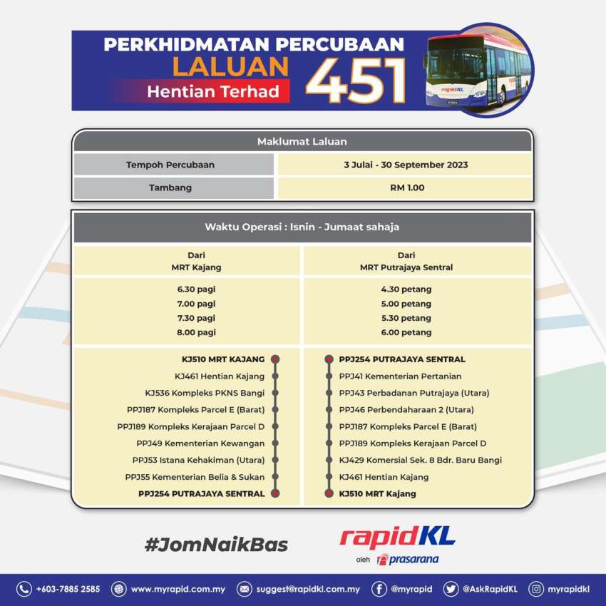 Rapid KL launches new Kajang-Bangi-Putrajaya bus route with limited stops – No. 451, RM1, from July 3 1634684