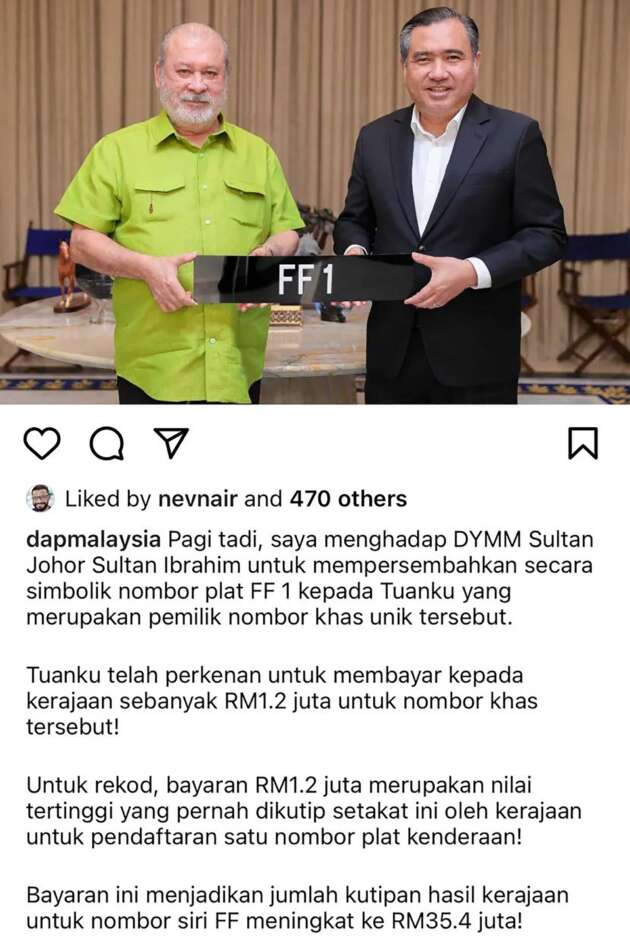 FF1 plate owner is DYMM Sultan Johor – RM1.2mil!