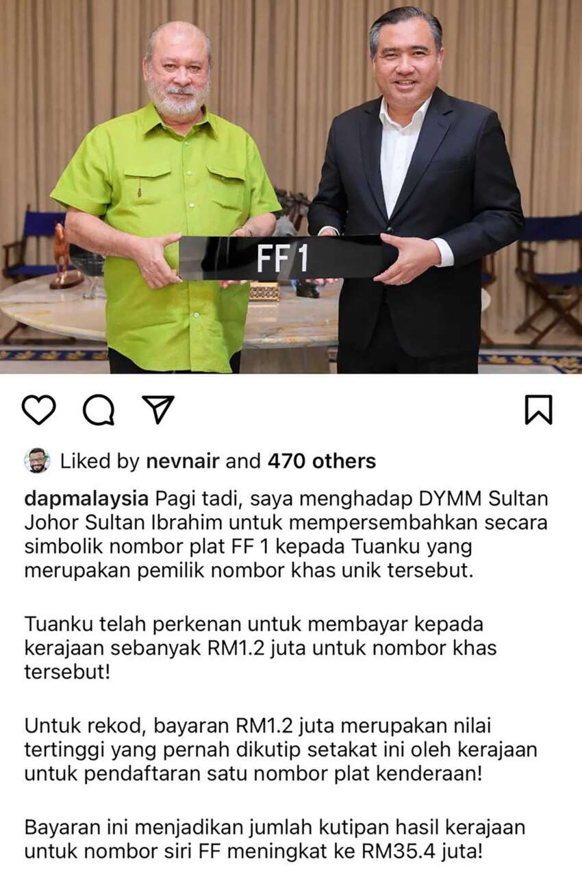 FF1 plate owner is DYMM Sultan Johor – RM1.2mil! 1624652