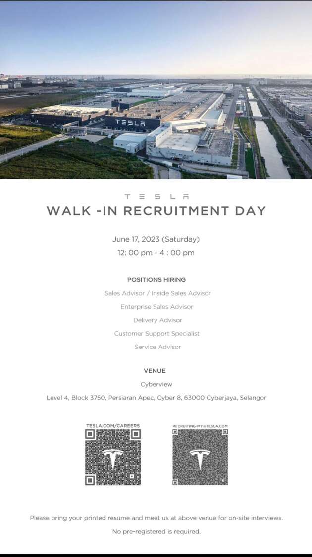 Tesla Malaysia is hiring – walk-in recruitment day at Cyberview in Cyberjaya on June 17, 2023