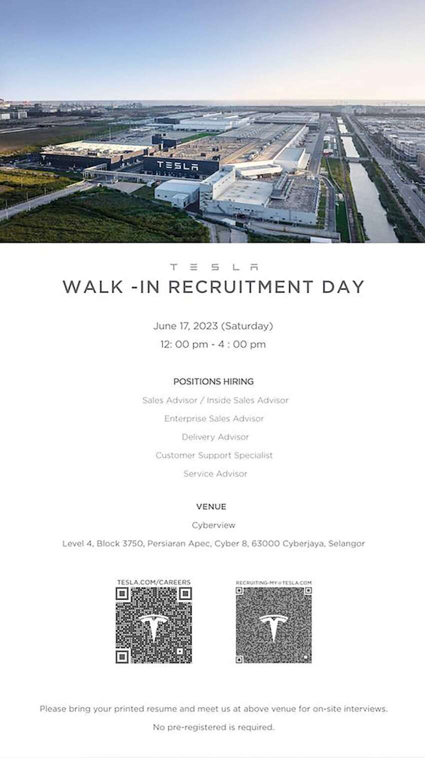 Tesla Malaysia is hiring – walk-in recruitment day at Cyberview in Cyberjaya on June 17, 2023 1625329