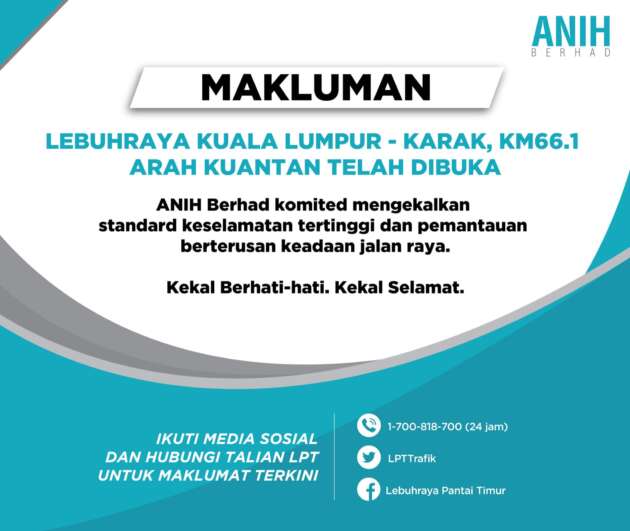 Lubang mendap di Lebuhraya Karak sudah dibaiki – laluan ke Kuantan dibuka malam tadi, arah KL pagi ini