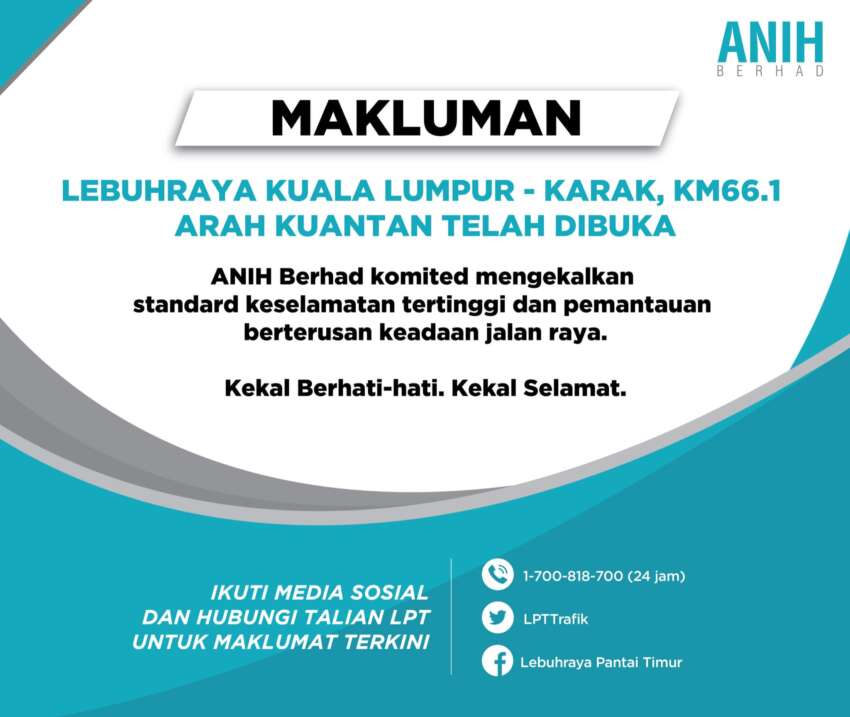 Lubang mendap di Lebuhraya Karak sudah dibaiki – laluan ke Kuantan dibuka malam tadi, arah KL pagi ini 1646937