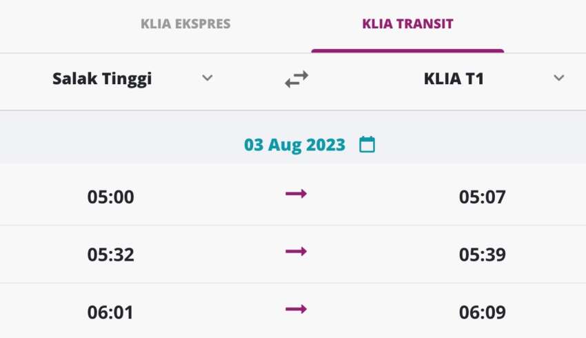 KLIA Transit Salak Tinggi to KLIA now starts from 5am 1650642