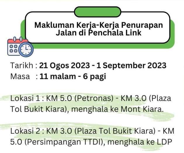 Beberapa laluan di Penchala Link ditutup hingga 1 Sept pada waktu malam untuk kerja penurapan