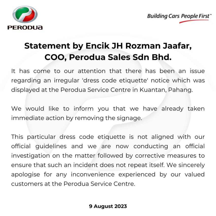 Perodua issues statement on dress code etiquette notice at service centre in Kuantan, Pahang 1653305