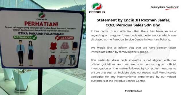 Perodua issues statement on dress code etiquette notice at service centre in Kuantan, Pahang