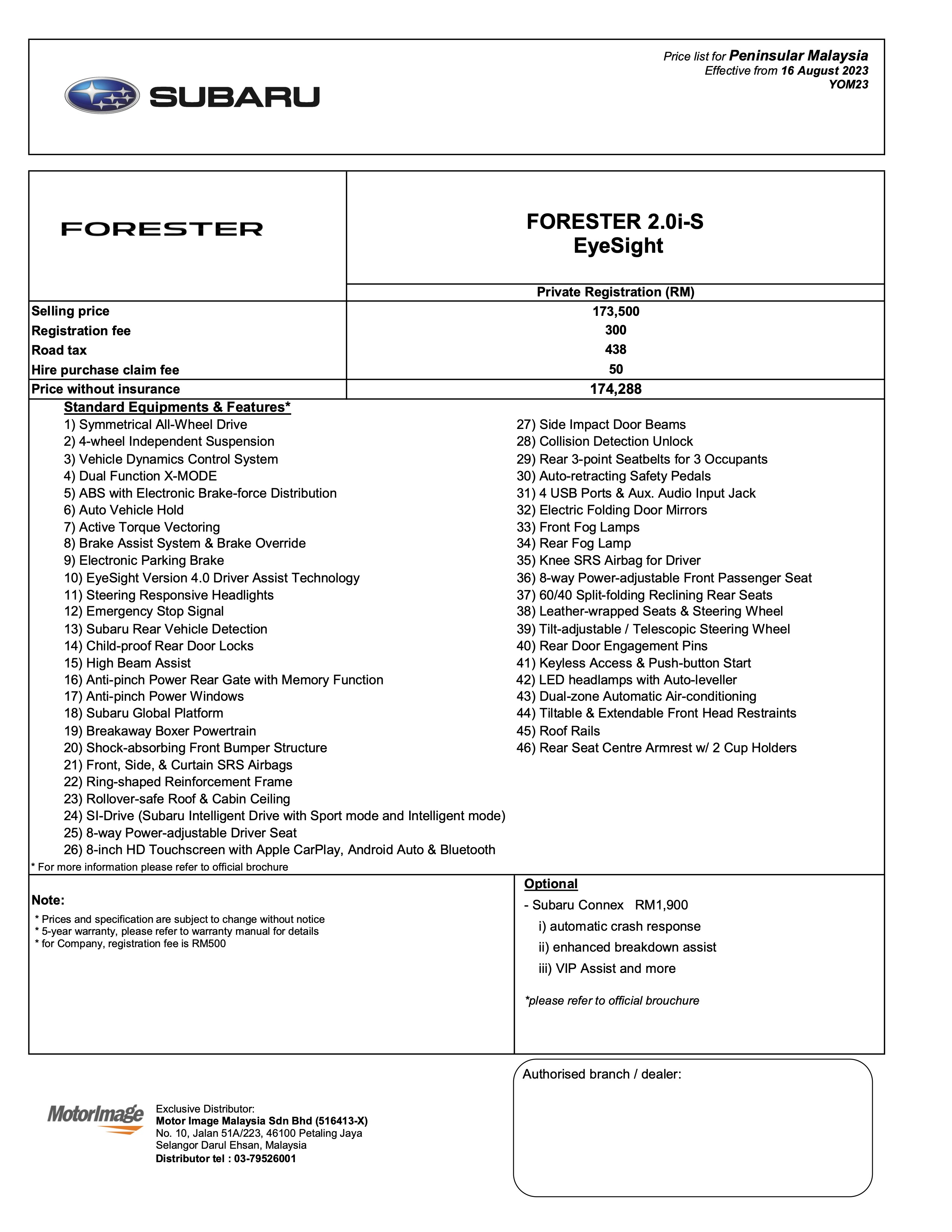 Pricesheet Forester 2.0i-S EyeSight - PM (16 Aug'23)