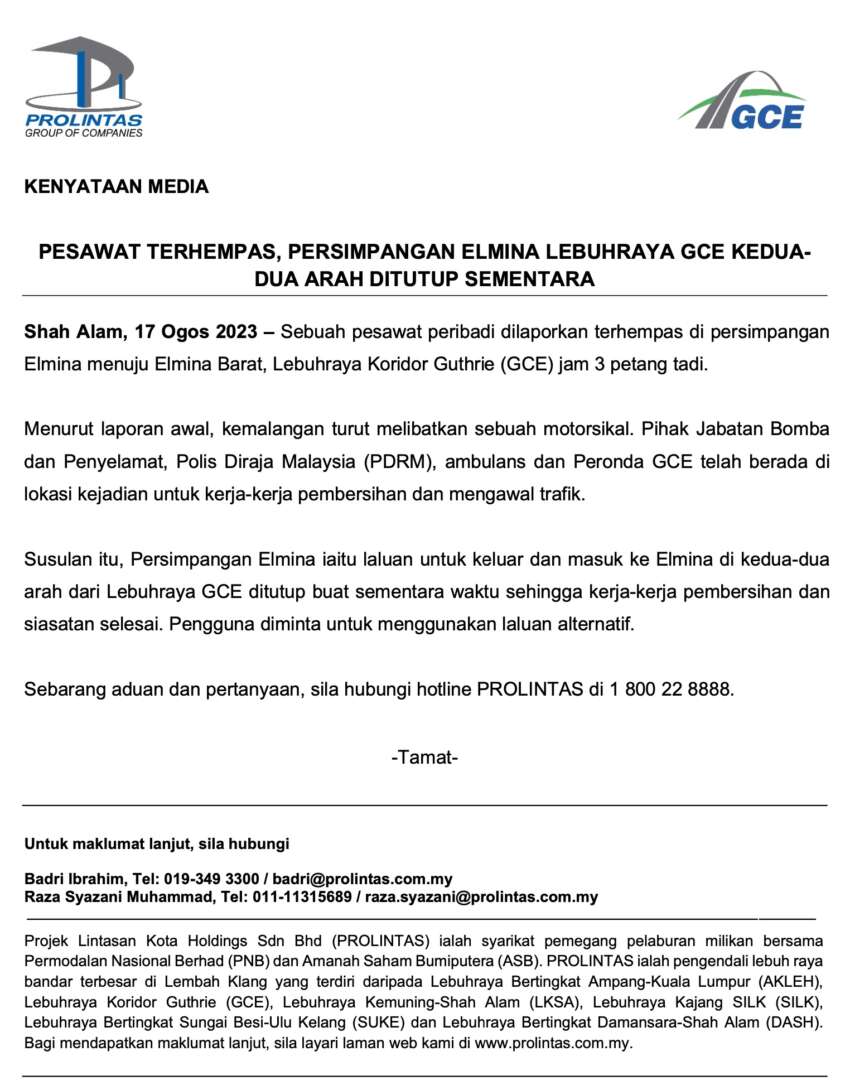 Plane from Langkawi to Subang crashes near Elmina, claims 10 lives – 8 in plane, car driver and motorcyclist 1656398