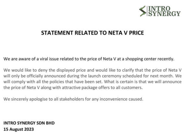 Neta V priced at RM79,800 at mall roadshow but Intro Synergy denies it is accurate, TBC in September