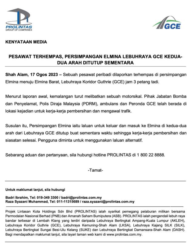Pesawat peribadi terhempas di jalan raya di Elmina
