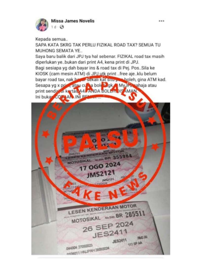JPJ buat laporan polis berhubung seorang wanita mendakwa cukai jalan fizikal masih diwajibkan 1670298