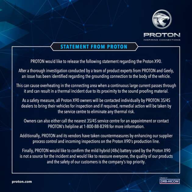 Proton X90 recall – grounding connection identified as cause; fire not caused by 48-volt mild hybrid battery