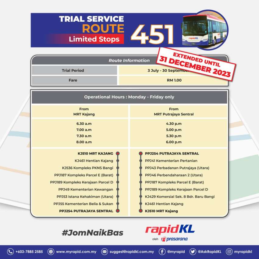 Rapid KL’s Kajang-Bangi-Putrajaya trial bus route extended to Dec 31 – 451 was supposed to end in Sep 1677281