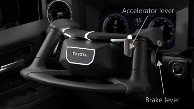 Toyota Neo Steer cockpit concept – motorcycle-style controls in place of a steering wheel and foot pedals