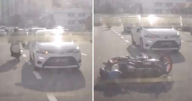 Motorcyclist kicks merging Toyota Vios, then crashes