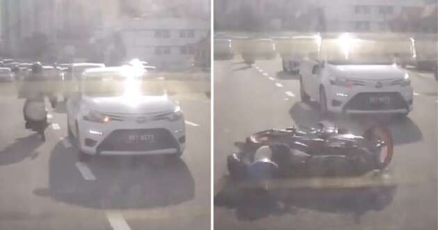 Penunggang motosikal sepak cermin sisi Toyota Vios kerana tukar lorong, kemudian sendiri yang jatuh