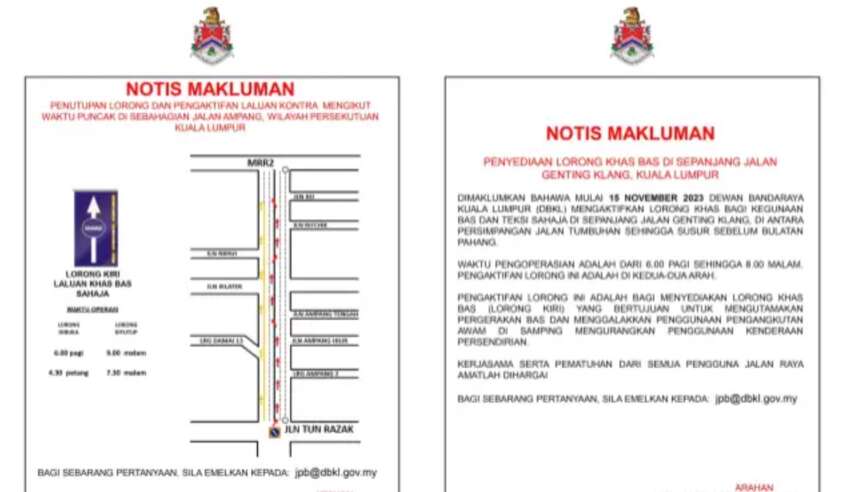 Jalan Ampang peak hours lane closure and contraflow, Jalan Genting Klang bus lane from 6am to 8pm, 2 ways 1696643