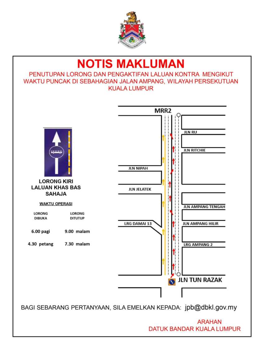 Jalan Ampang peak hours lane closure and contraflow, Jalan Genting Klang bus lane from 6am to 8pm, 2 ways 1696640