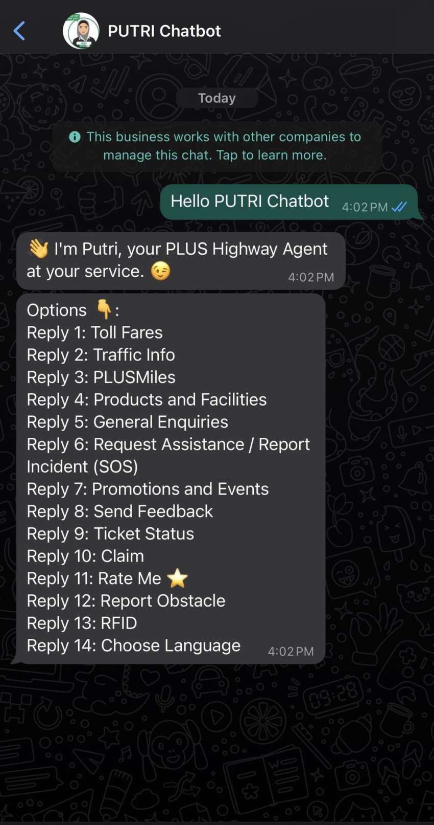 PLUS highway assistance, info and general inquiries now available on the Putri chatbot via WhatsApp 1708657