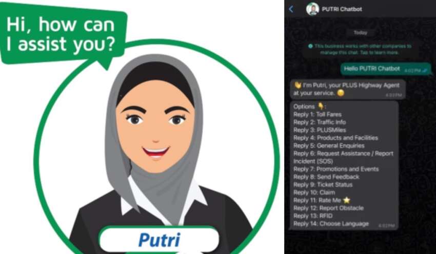 PLUS highway assistance, info and general inquiries now available on the Putri chatbot via WhatsApp 1708676