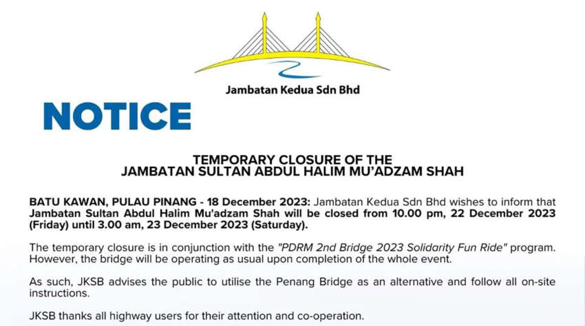 Second Penang Bridge closed to traffic this Fri night 1707839