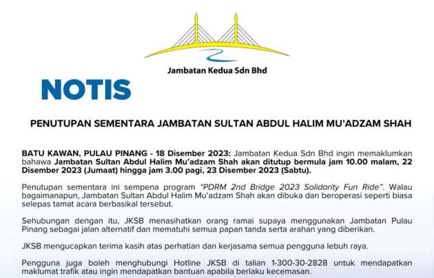Jambatan Kedua Pulau Pinang ditutup pada Jumaat malam untuk acara PDRM 2023 Solidarity Fun Ride