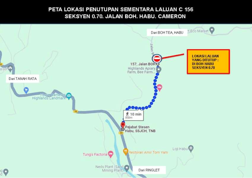 Jalan Boh Habu C156 in Cameron Highlands closed temporarily until February 2, 2024 due to landslide 1718526
