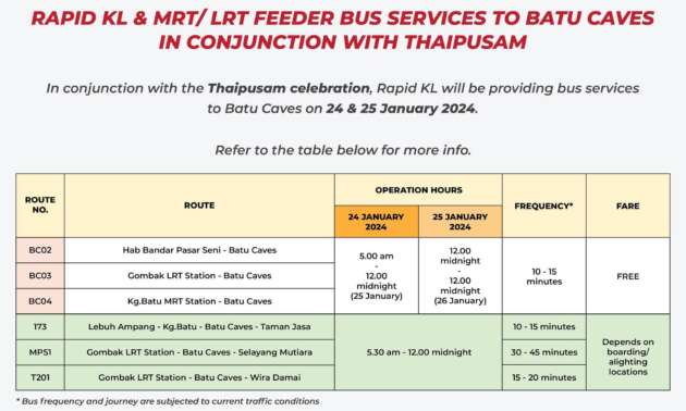 Free Rapid KL and LRT/MRT feeder buses to Batu Caves for Thaipusam next week – January 24-25