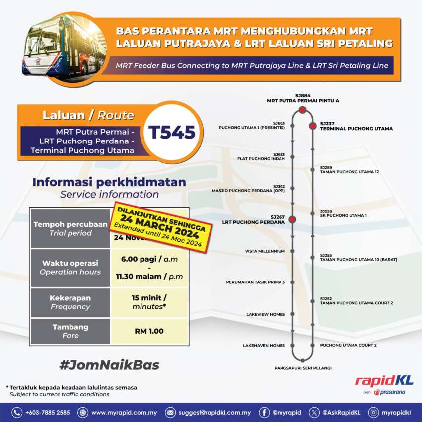 Rapid KL lanjutkan percubaan bas perantara MRT bagi Puchong, Seri Kembangan, Cheras hingga 24 Mac 1714420