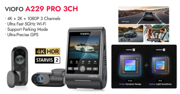 Viofo A229 Pro dashcam offers up to 4K+2K+1080p 3 channel recording, dual Starvis 2 sensors, 5 GHz WiFi