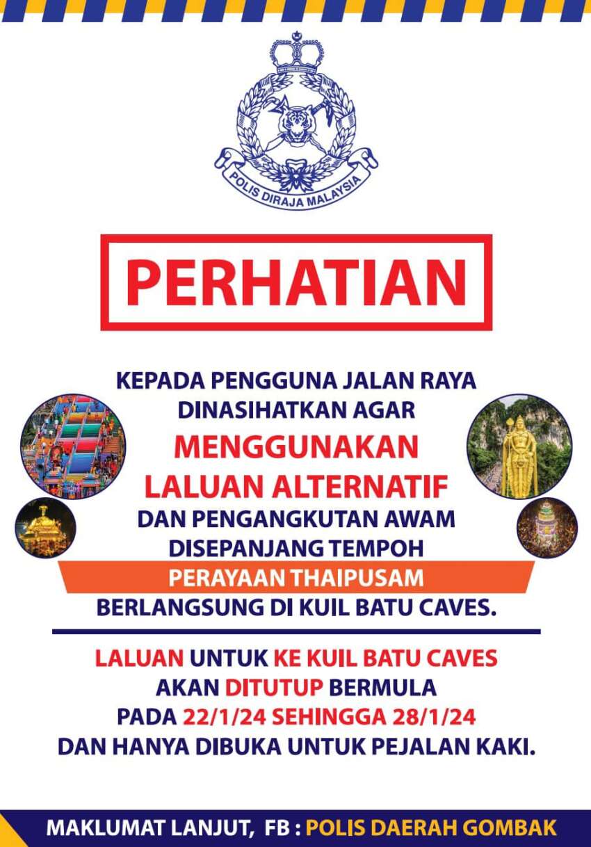 Tujuh jalan sekitar Batu Caves ditutup mulai 10 malam ini hingga 28 Jan sempena Thaipusam – IPK Selangor 1718896