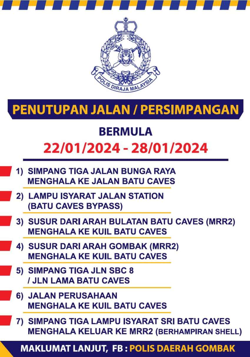 Tujuh jalan sekitar Batu Caves ditutup mulai 10 malam ini hingga 28 Jan sempena Thaipusam – IPK Selangor 1718897