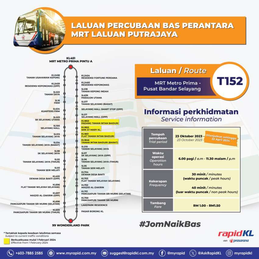 MRT Metro Prima to Selayang feeder bus trial extended to April 22 – T152 now covers Taman Intan Baiduri 1723906