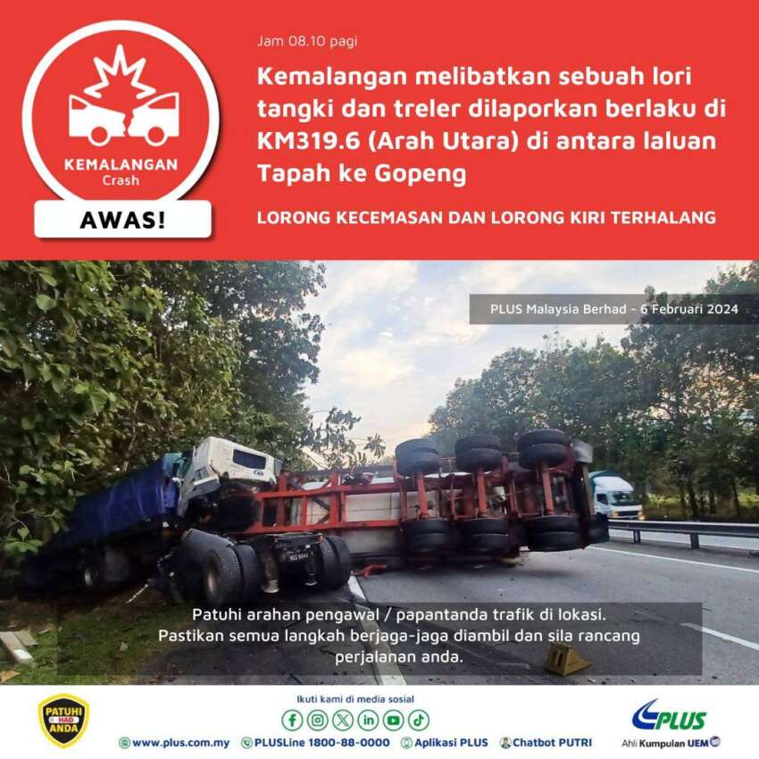 Lorry accident on PLUS Tapah-Gopeng, all northbound lanes closed – contraflow activated, 10 km-long jam 1724538
