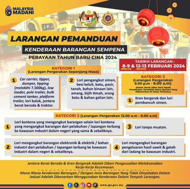 JPJ umum larangan kenderaan barangan dari 8-9 Feb dan 12-13 Feb sempena Tahun Baru Cina 2024
