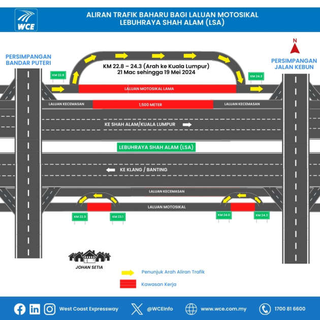 Lencongan trafik untuk laluan motosikal di Lebuhraya Shah Alam hingga 19 Mei bagi pembinaan WCE