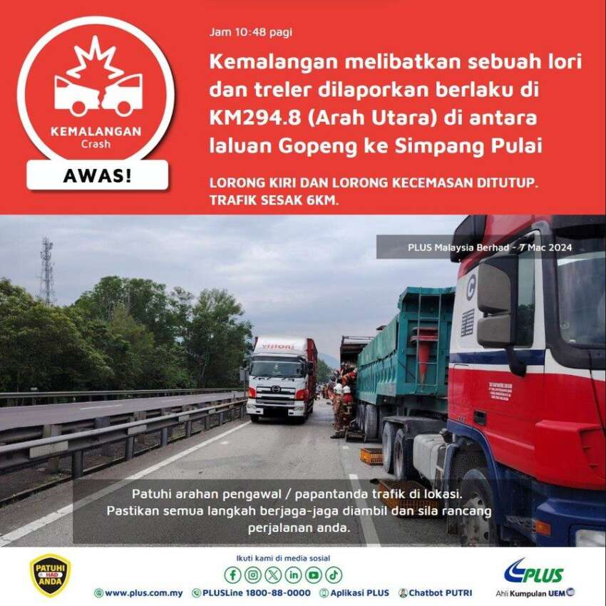 Lorry accident on PLUS Gopeng-Simpang Pulai northbound – only one lane accessible, 6 km jam 1737694