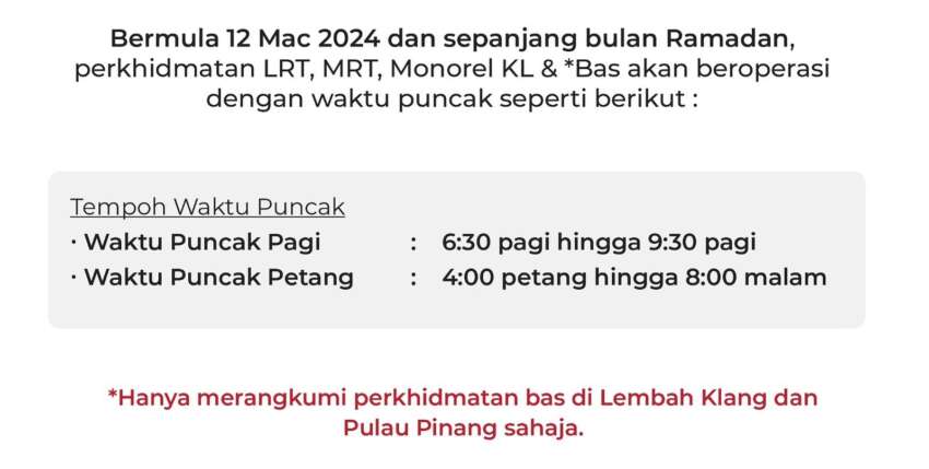 Prasarana rail, bus peak hours extended for Ramadan 1738891