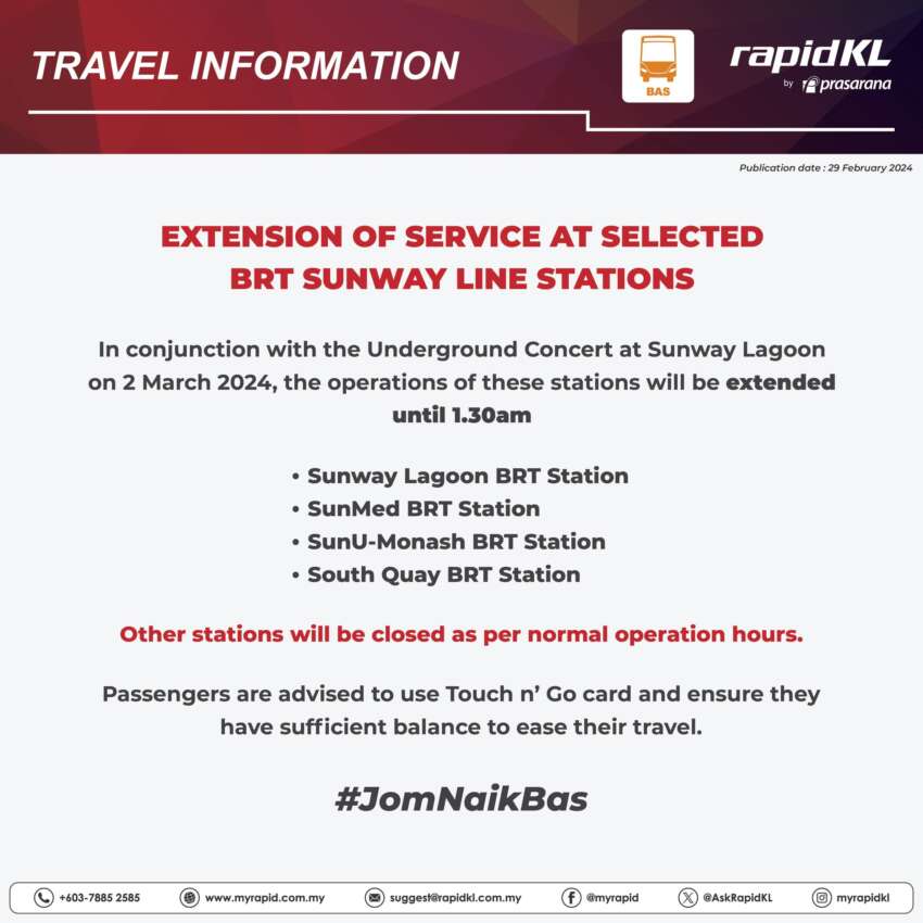 Underground Concert at Sunway Lagoon tomorrow – 4 stations on BRT Sunway Line extended till 1.30 am 1735393